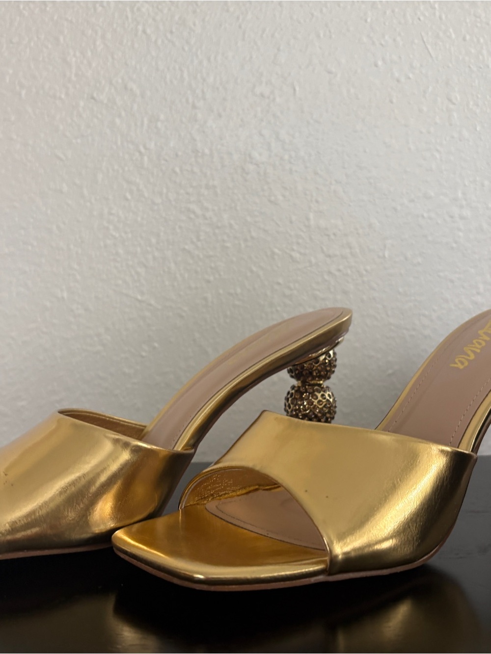 Gold Open-Toe Mule Heels with Decorative Heel